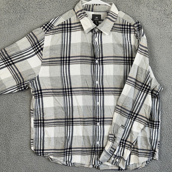 H&M Coupe Standard Men 2XL Shirt Flannel Gray Plaid Regular Casual Fast Shipping